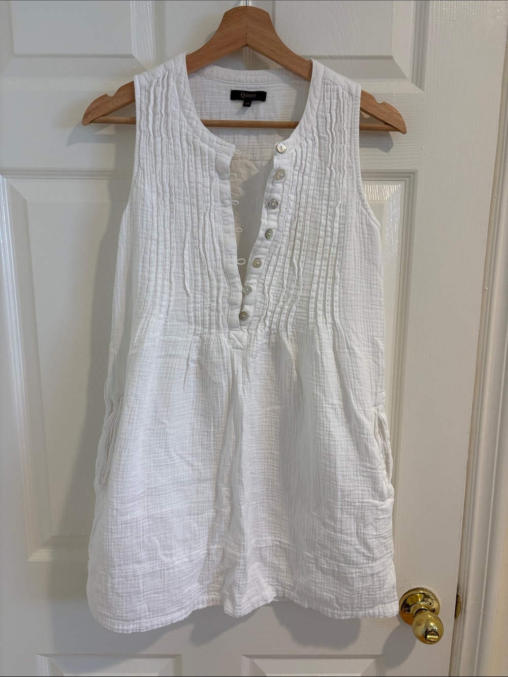 Quince White Sleeveless Cotton Pintuck Mini Dress